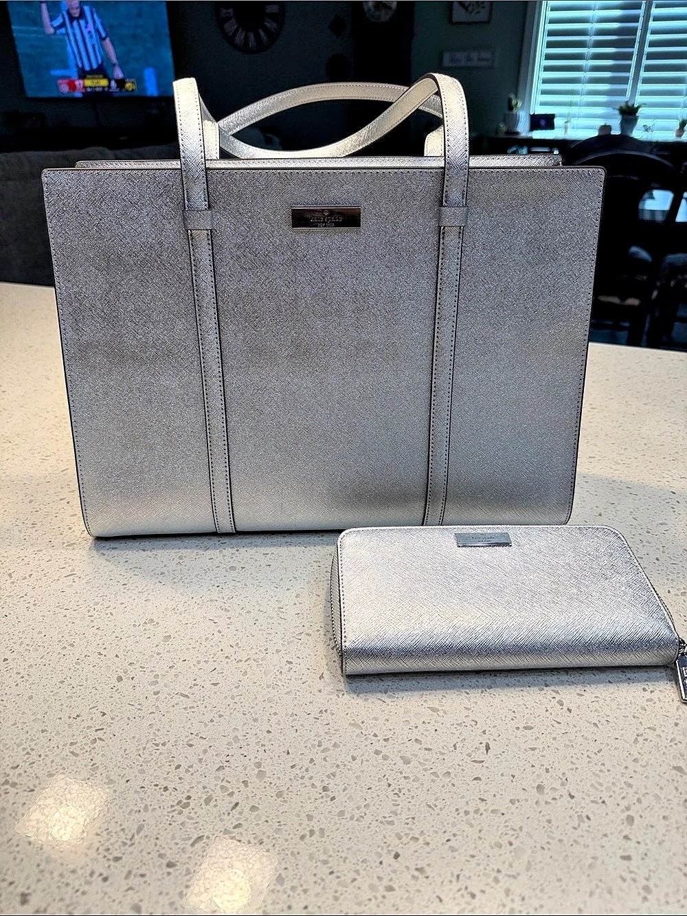 Kate Spade Silver Tote with Matching Wallet Like New